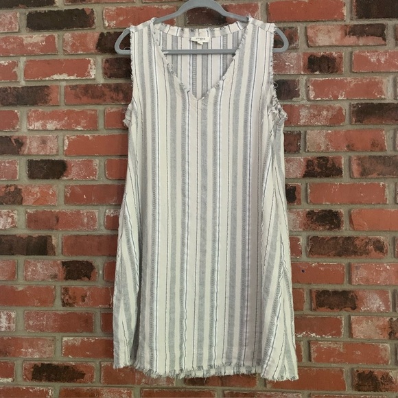 Umgee Linen Cotton Frayed Edge Pockets V Neck Lagenlook Tan Gray Striped Sz S - Picture 2 of 8